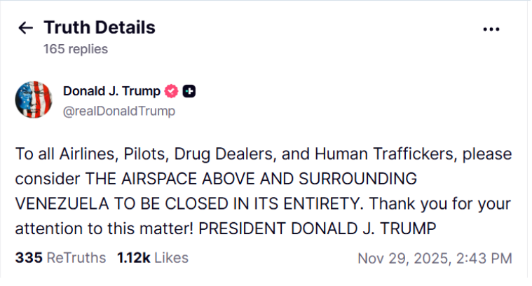 Трамп оголосив про закриття повітряного простору над Венесуелою Трамп оголосив про закриття повітряного простору над Венесуелою